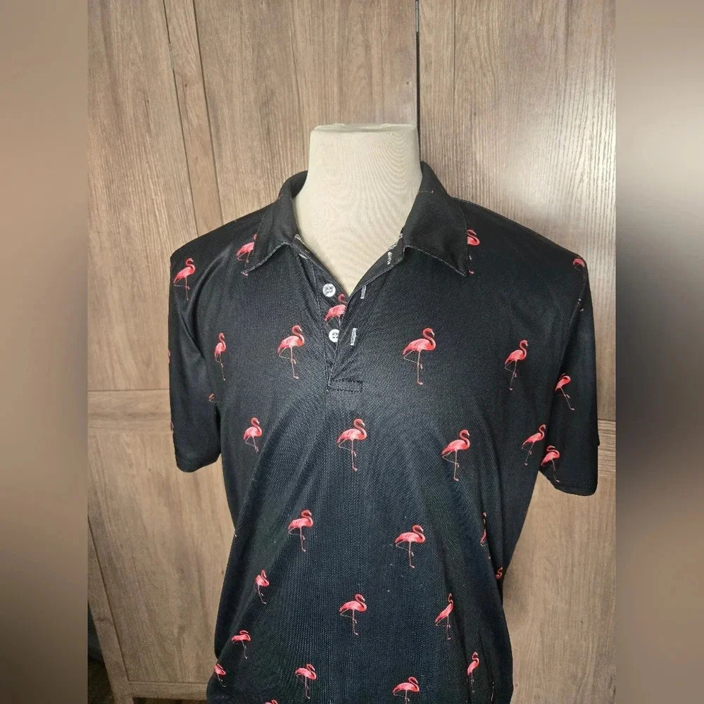 Mens golf Activewear black pink flamingo polo - Picture 8 of 11